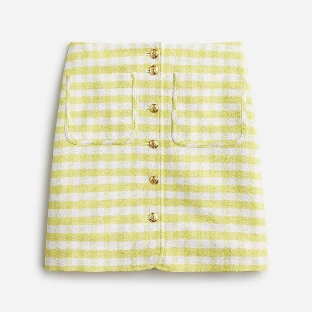 J Crew - Button Front Mini Skirt in Gingham Plaid Terry Tweed